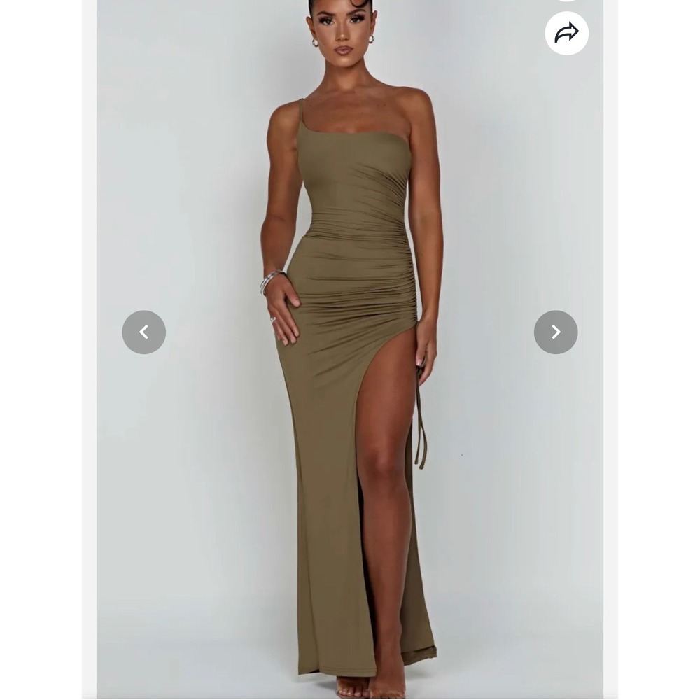 Babyboo Zuri Maxi Dress Khaki One Shoulder Ruched High Slit BBF3113-D Size L NEW